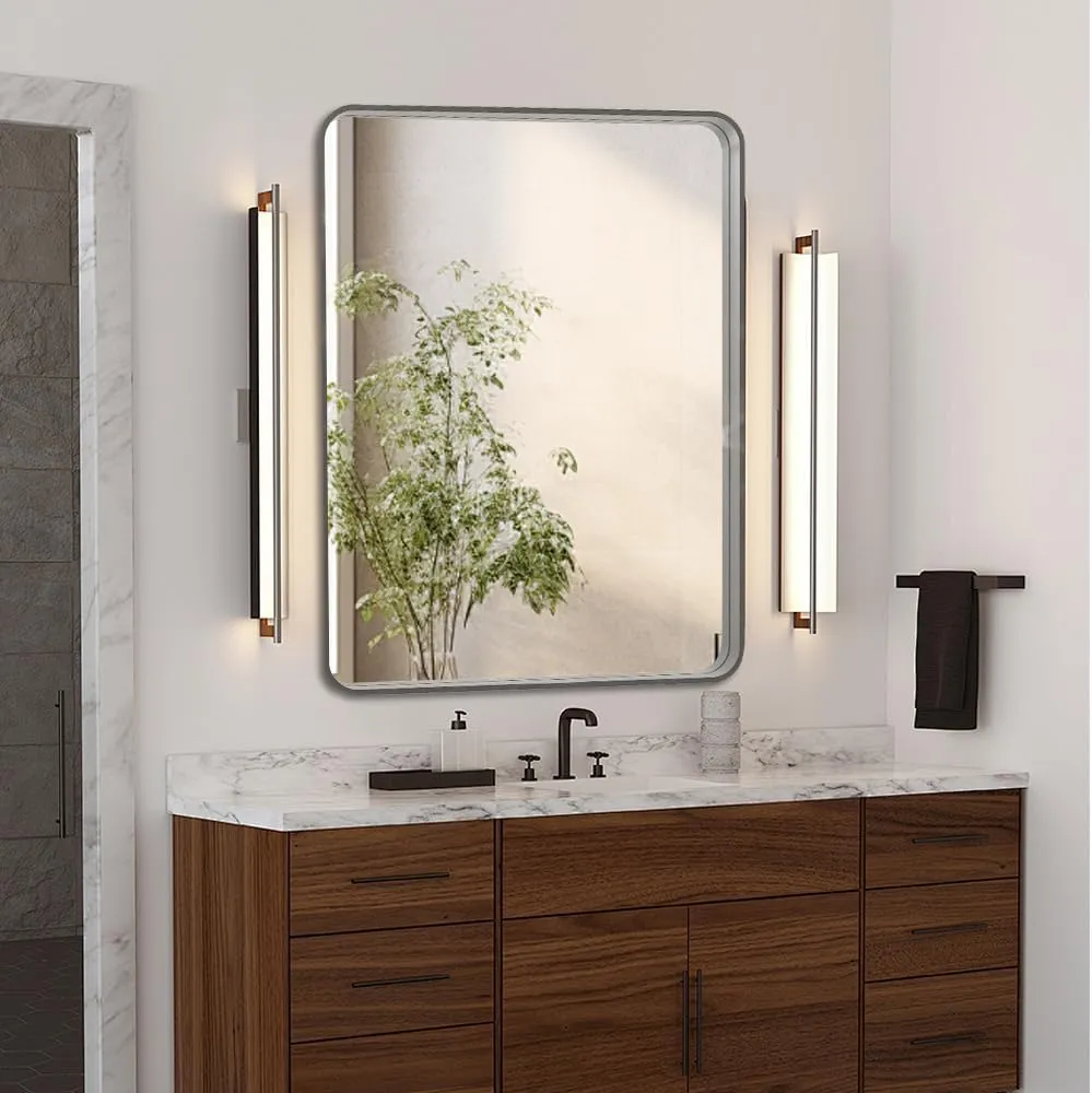 Brushed Nickel 24x30 Inch Metal Framed Mirror for Wall, Large Rounded Rectangle Mirror, Anti-Rust, Tempered Glass, Hangs Horizontally or Vertically