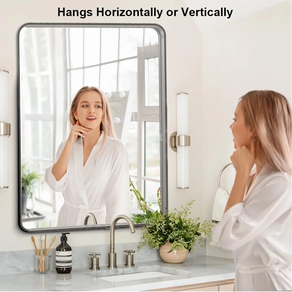 Brushed Nickel 24x30 Inch Metal Framed Mirror for Wall, Large Rounded Rectangle Mirror, Anti-Rust, Tempered Glass, Hangs Horizontally or Vertically