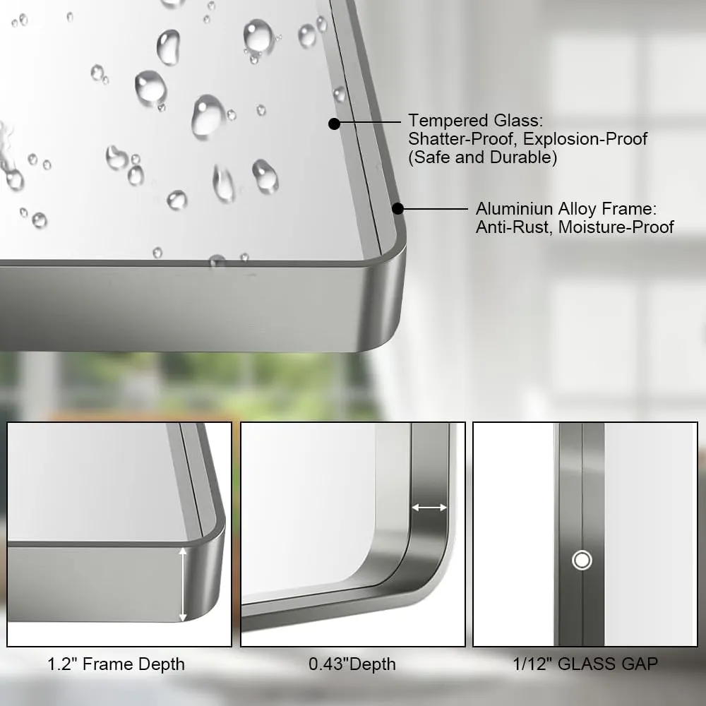 Brushed Nickel 24x30 Inch Metal Framed Mirror for Wall, Large Rounded Rectangle Mirror, Anti-Rust, Tempered Glass, Hangs Horizontally or Vertically