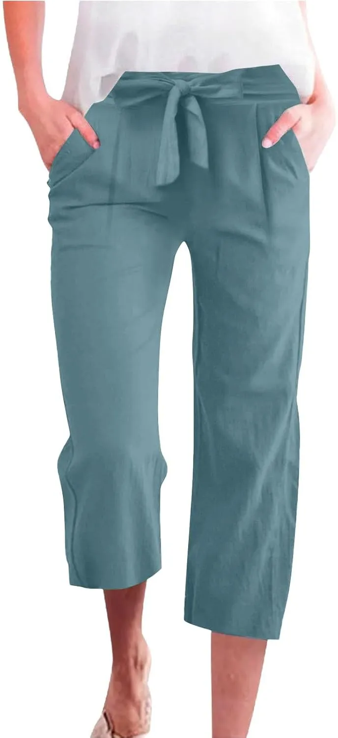 Capris Pants for Women Linen Casual Summer 2025 Drawstring Elastic Waist Comfy Cropped Trousers with Pockets