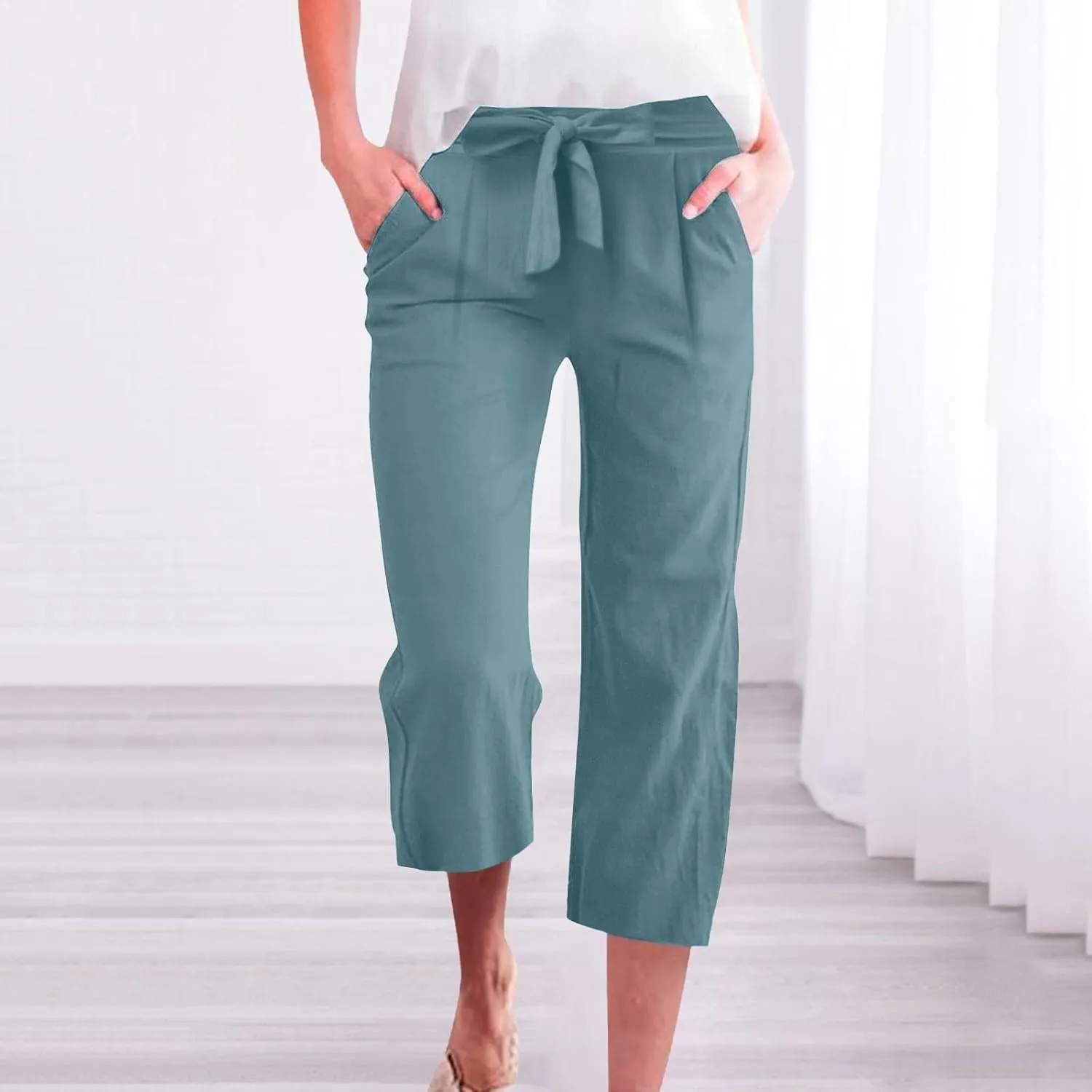 Capris Pants for Women Linen Casual Summer 2025 Drawstring Elastic Waist Comfy Cropped Trousers with Pockets