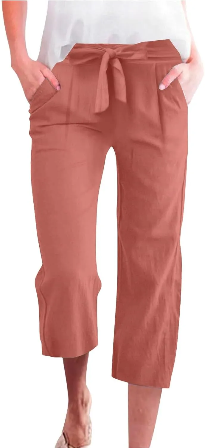 Capris Pants for Women Linen Casual Summer 2025 Drawstring Elastic Waist Comfy Cropped Trousers with Pockets