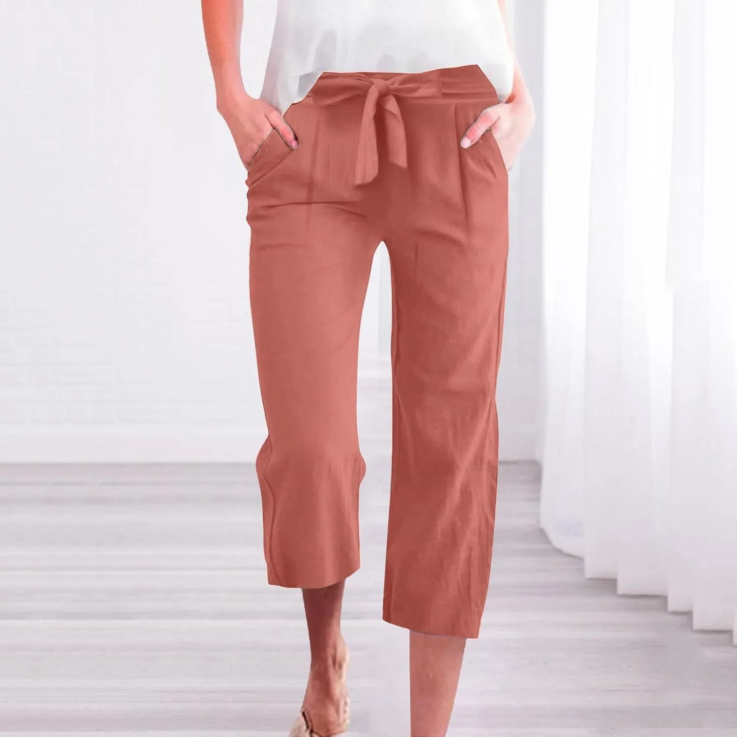 Capris Pants for Women Linen Casual Summer 2025 Drawstring Elastic Waist Comfy Cropped Trousers with Pockets