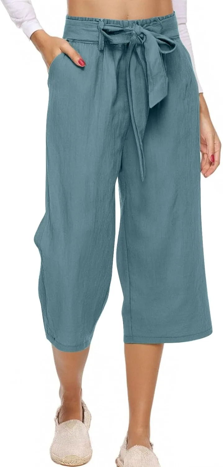 Capris Pants for Women Linen Casual Summer 2025 Drawstring Elastic Waist Comfy Cropped Trousers with Pockets