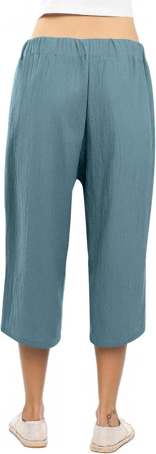 Capris Pants for Women Linen Casual Summer 2025 Drawstring Elastic Waist Comfy Cropped Trousers with Pockets