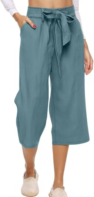 Capris Pants for Women Linen Casual Summer 2025 Drawstring Elastic Waist Comfy Cropped Trousers with Pockets