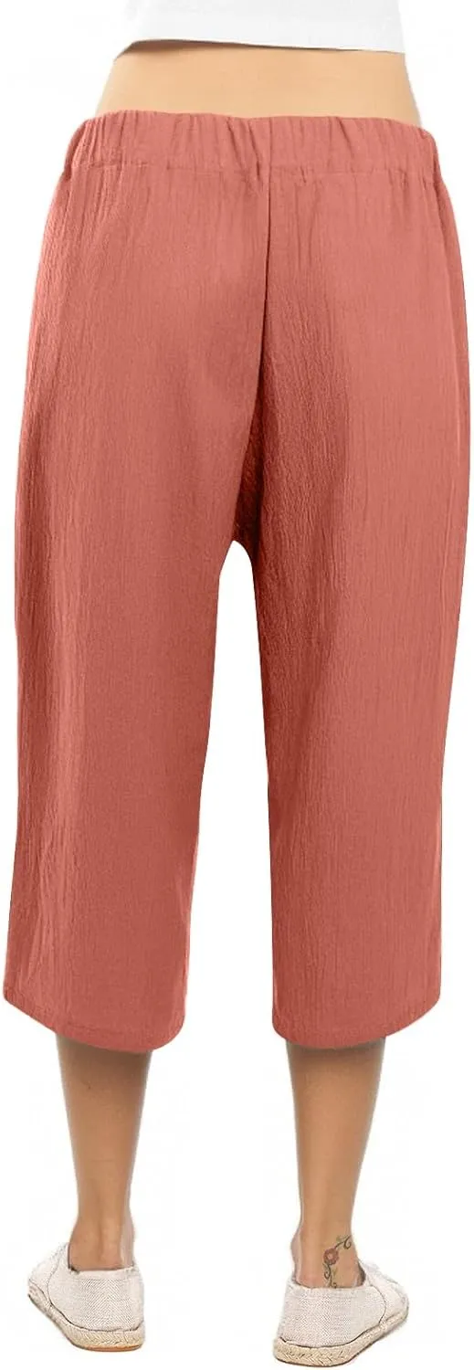 Capris Pants for Women Linen Casual Summer 2025 Drawstring Elastic Waist Comfy Cropped Trousers with Pockets