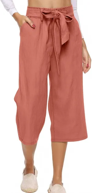 Capris Pants for Women Linen Casual Summer 2025 Drawstring Elastic Waist Comfy Cropped Trousers with Pockets