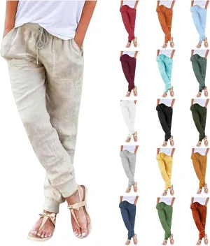 Casual Pants For Women Linen Elastic Waist Trousers Summer Baggy Straight Leg Comfort Tapered Pants with Pockets