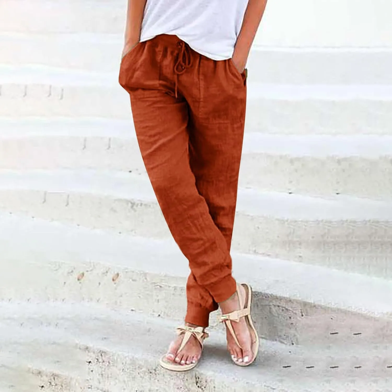 Casual Pants For Women Linen Elastic Waist Trousers Summer Baggy Straight Leg Comfort Tapered Pants with Pockets