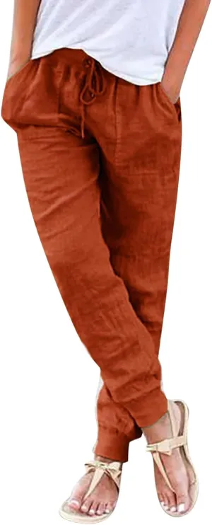 Casual Pants For Women Linen Elastic Waist Trousers Summer Baggy Straight Leg Comfort Tapered Pants with Pockets