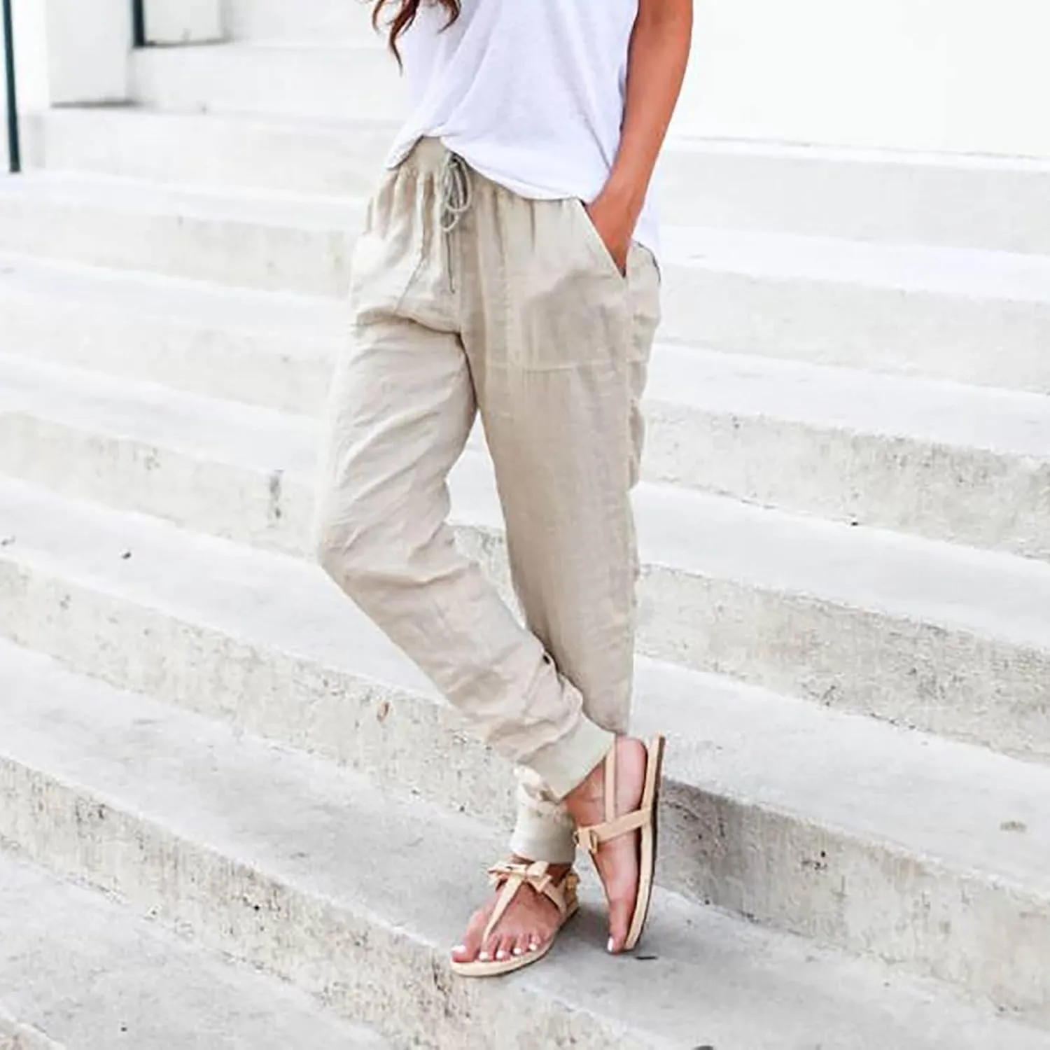 Casual Pants For Women Linen Elastic Waist Trousers Summer Baggy Straight Leg Comfort Tapered Pants with Pockets