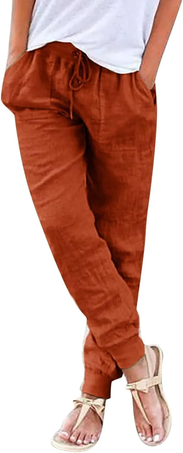 Casual Pants For Women Linen Elastic Waist Trousers Summer Baggy Straight Leg Comfort Tapered Pants with Pockets