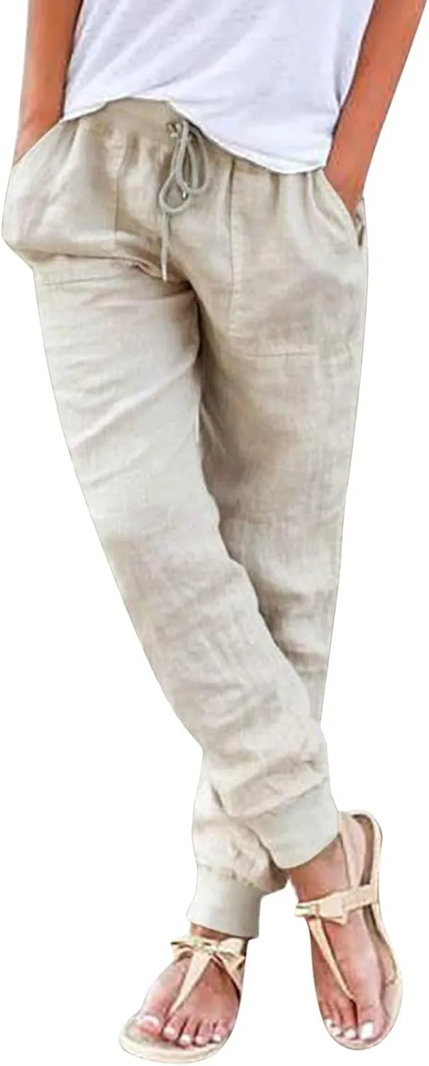 Casual Pants For Women Linen Elastic Waist Trousers Summer Baggy Straight Leg Comfort Tapered Pants with Pockets