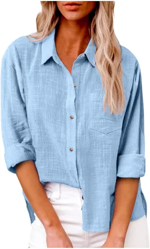 Ceboyel Women Linen Button Down Blouses Roll Up Sleeve Collared Shirts Summer Cotton Gauze Tops Casual Ladies Outfits 2023