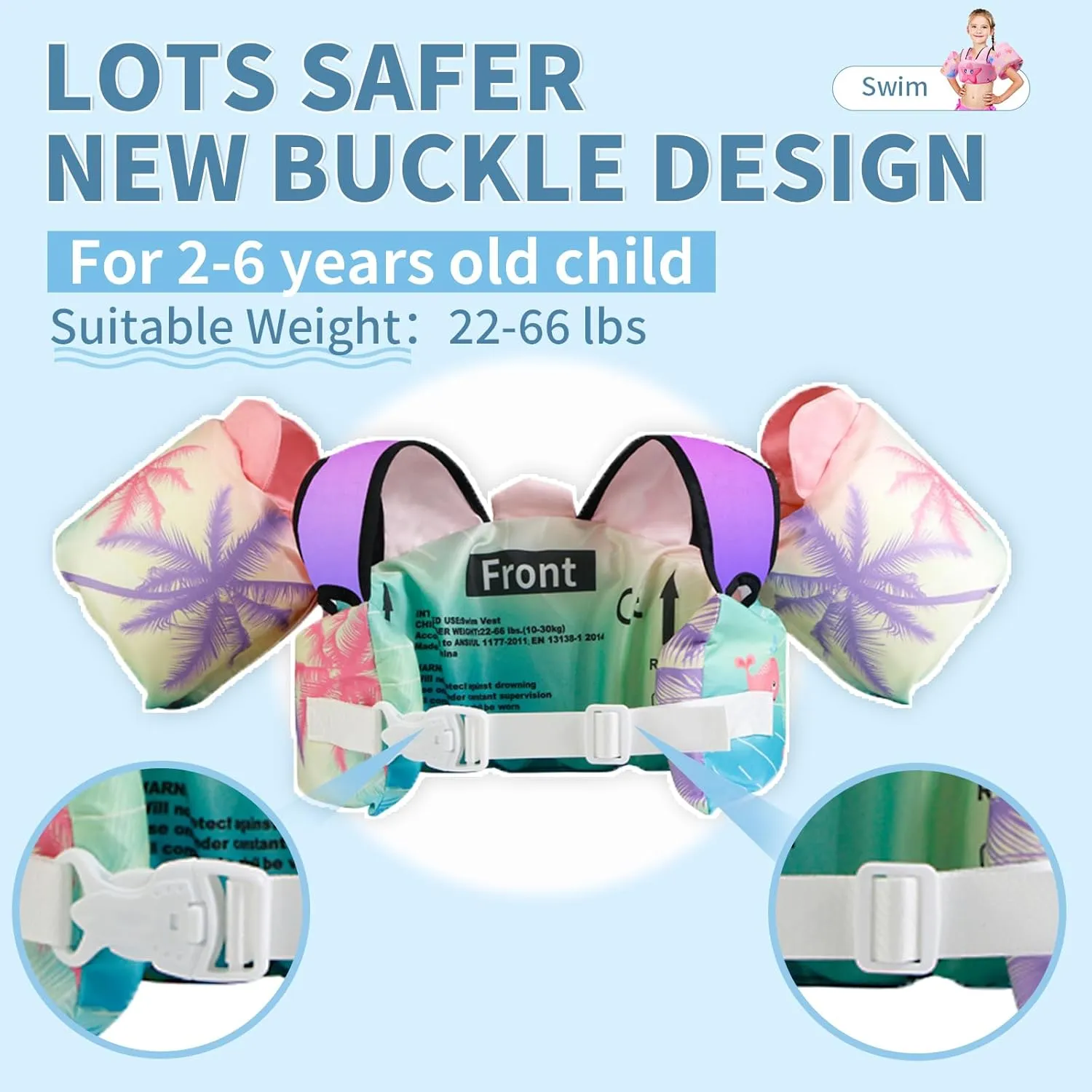 Coast Guard Approved UL Kids Swim Vest for Children Learn Swimming Training Neoprene Toddler Floaties with Adjustable Non-Slip Buckle Shoulder Harness Arm Wings for 22-66 lbs Boys/Girls Beach