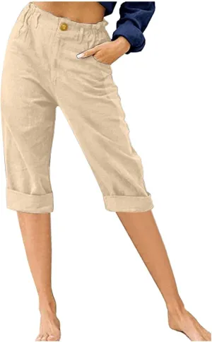 Cotton Linen Capri Pants for Women Casual Summer Straight Leg Trouser Buttons High Waist Cropped Pant with Pocket
