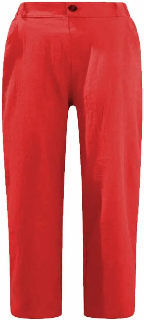 Cotton Linen Capri Pants for Women Casual Summer Straight Leg Trouser Buttons High Waist Cropped Pant with Pocket