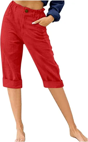 Cotton Linen Capri Pants for Women Casual Summer Straight Leg Trouser Buttons High Waist Cropped Pant with Pocket