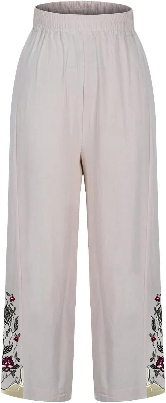Cotton Linen Crop Pants for Women Elastic Waist Vintage Floral Embroidered Cropped Trousers Wide Leg Pants with Pockets