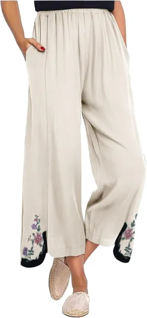 Cotton Linen Crop Pants for Women Elastic Waist Vintage Floral Embroidered Cropped Trousers Wide Leg Pants with Pockets