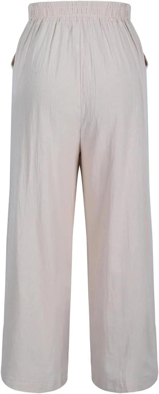 Cotton Linen Crop Pants for Women Elastic Waist Vintage Floral Embroidered Cropped Trousers Wide Leg Pants with Pockets