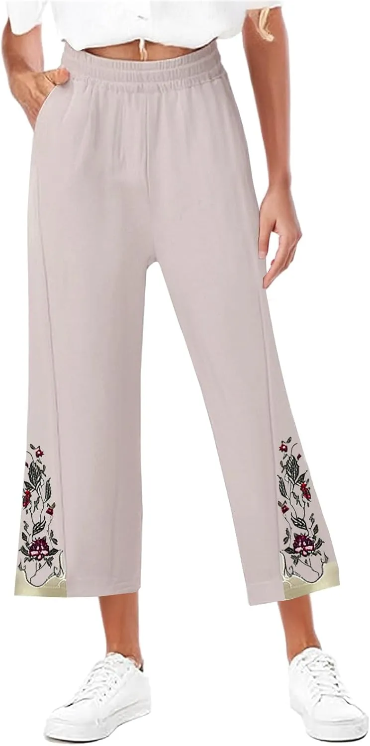 Cotton Linen Crop Pants for Women Elastic Waist Vintage Floral Embroidered Cropped Trousers Wide Leg Pants with Pockets