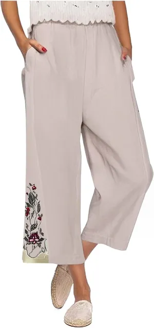 Cotton Linen Crop Pants for Women Elastic Waist Vintage Floral Embroidered Cropped Trousers Wide Leg Pants with Pockets