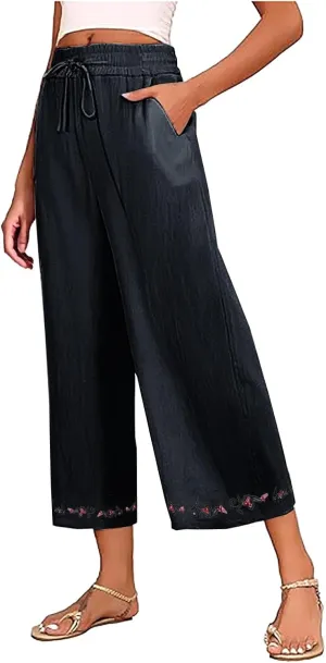 Cotton Linen Crop Pants for Women Elastic Waist Vintage Floral Embroidered Cropped Trousers Wide Leg Pants with Pockets