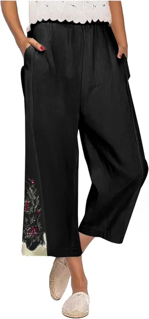 Cotton Linen Crop Pants for Women Elastic Waist Vintage Floral Embroidered Cropped Trousers Wide Leg Pants with Pockets