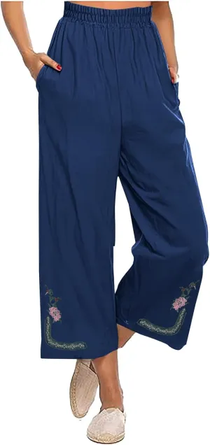 Cotton Linen Crop Pants for Women Elastic Waist Vintage Floral Embroidered Cropped Trousers Wide Leg Pants with Pockets
