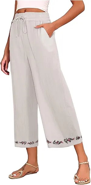 Cotton Linen Crop Pants for Women Elastic Waist Vintage Floral Embroidered Cropped Trousers Wide Leg Pants with Pockets