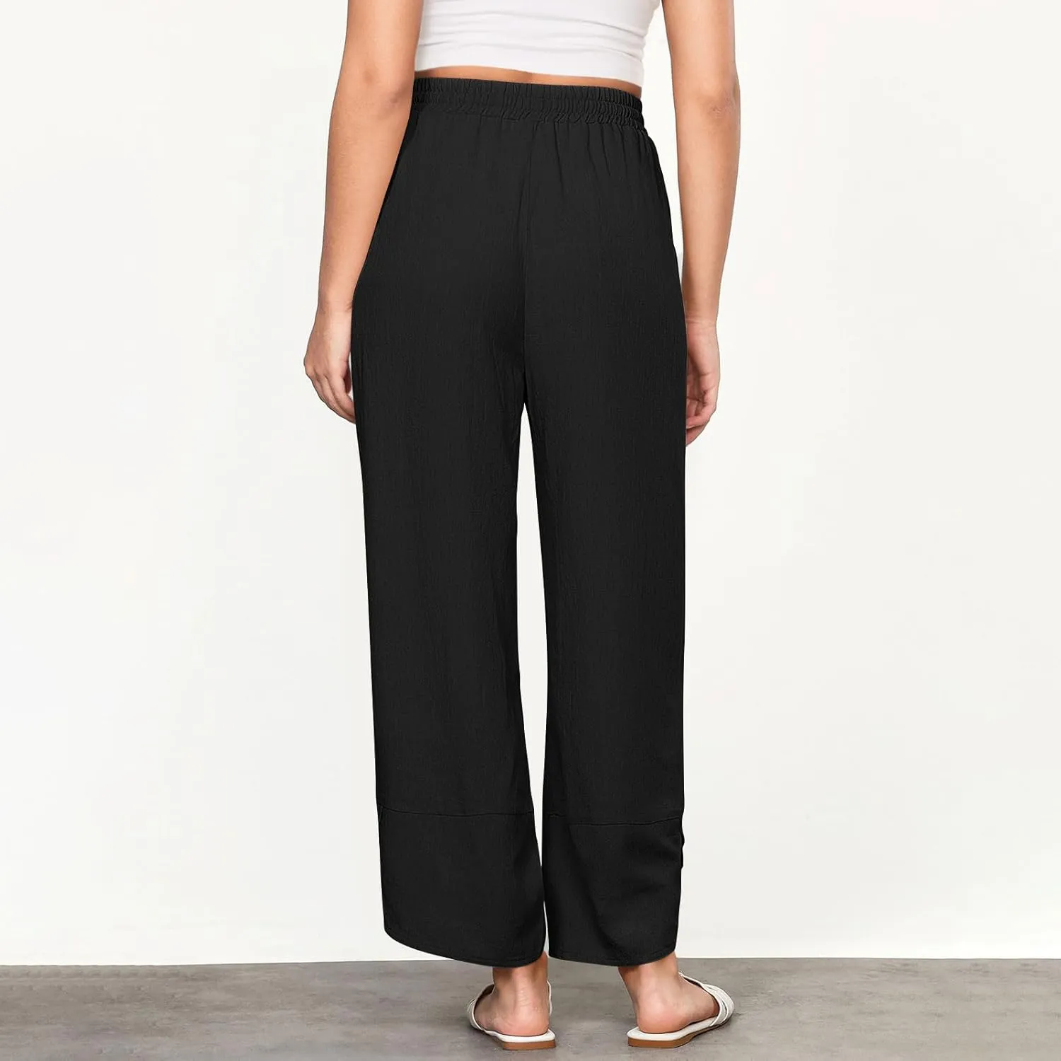 Cotton Linen Pants for Women Casual Loose Straight-Leg Pant with Pockets Elastic Waist Summer Loose Lounge Trousers