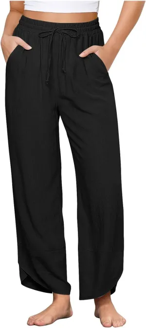 Cotton Linen Pants for Women Casual Loose Straight-Leg Pant with Pockets Elastic Waist Summer Loose Lounge Trousers
