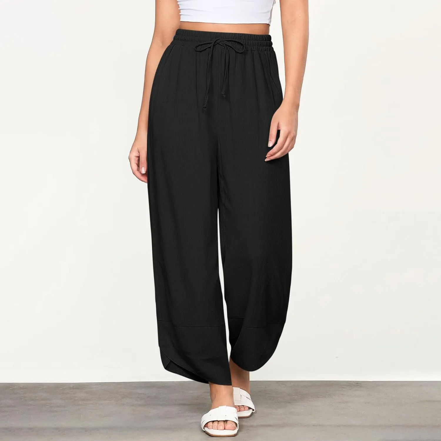 Cotton Linen Pants for Women Casual Loose Straight-Leg Pant with Pockets Elastic Waist Summer Loose Lounge Trousers