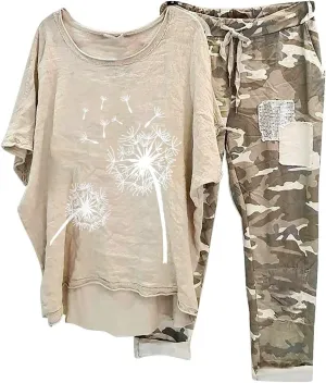 Cotton Linen Sets for Women 2 Piece Dressy Outfits Plus Size Matching Sets Short Sleeve Graphic Tees Camo Capri Pants