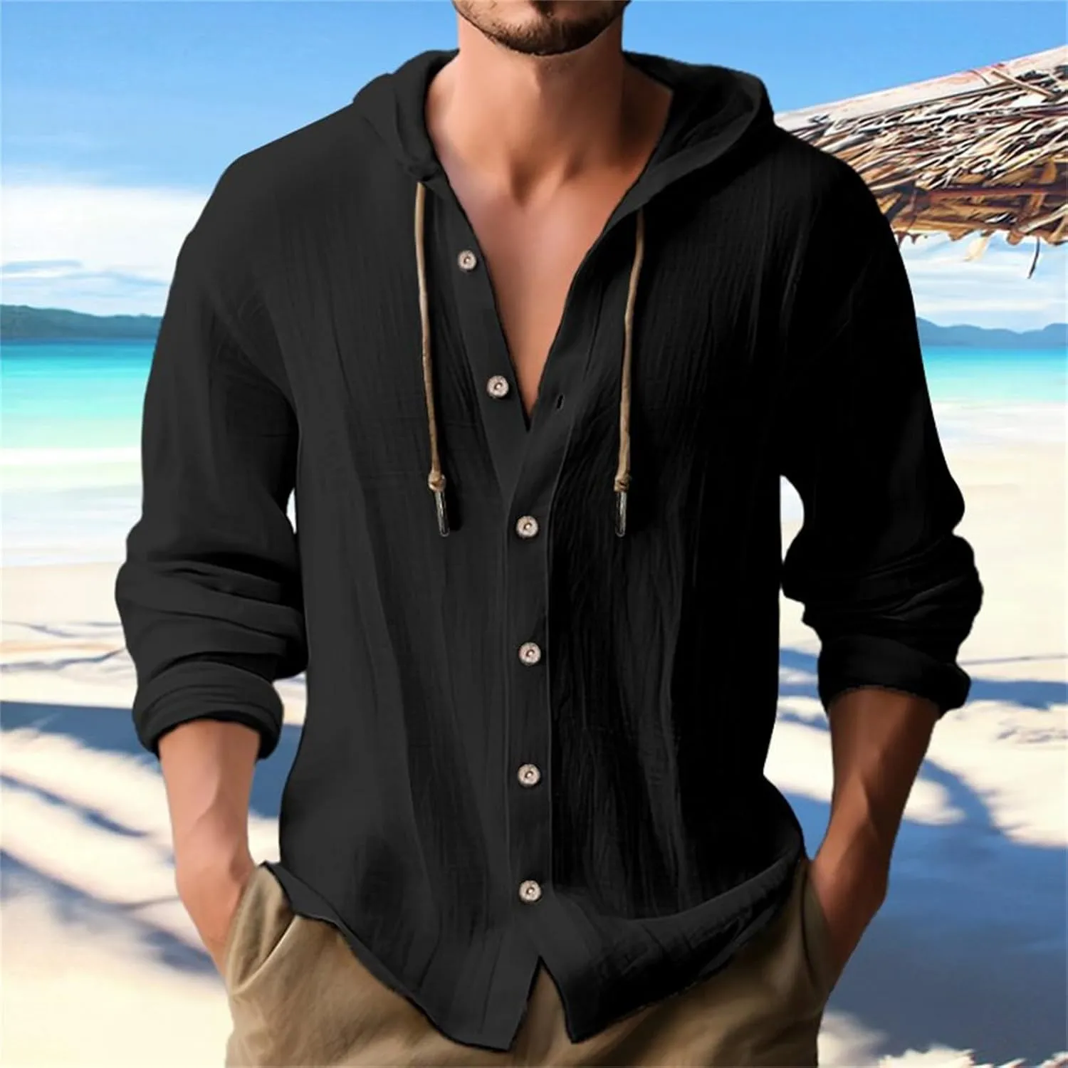 Cotton Linen Shirts for Men Hoodie Tops Casual Lightweight Long Sleeve Henley Beach Shirt Loose Hawaiian Hippie Shirt