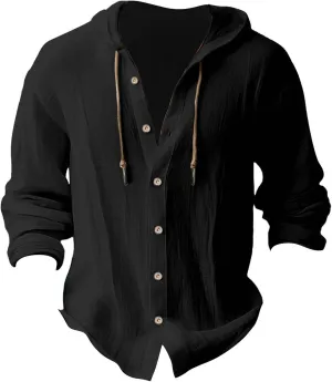 Cotton Linen Shirts for Men Hoodie Tops Casual Lightweight Long Sleeve Henley Beach Shirt Loose Hawaiian Hippie Shirt