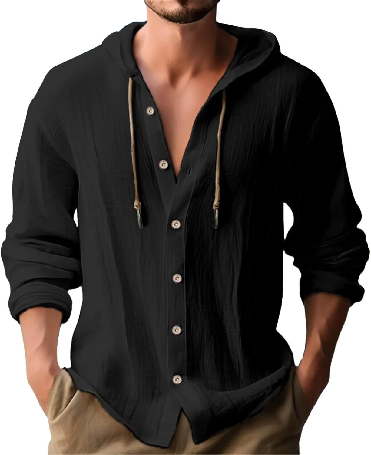 Cotton Linen Shirts for Men Hoodie Tops Casual Lightweight Long Sleeve Henley Beach Shirt Loose Hawaiian Hippie Shirt