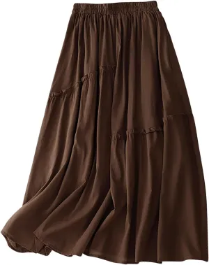 Cotton Linen Skirts for Women Summer Elastic Waisted Swing Tiered Double Layerd Maxi Skirts Irregular Ruffle Lightweight