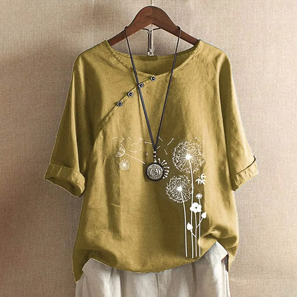 Cotton Linen Tops for Women Casual Summer Button Dandelion Print Short Sleeve T-Shirt Loose Fit Round Neck Blouses
