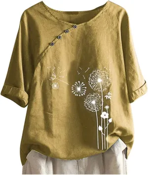 Cotton Linen Tops for Women Casual Summer Button Dandelion Print Short Sleeve T-Shirt Loose Fit Round Neck Blouses