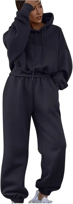 Cropped Hoodies and Jogger Pants Set Women 2 Piece Fleece Lined Fall Outfits Trendy Tracksuits Comfy Sweatsuits