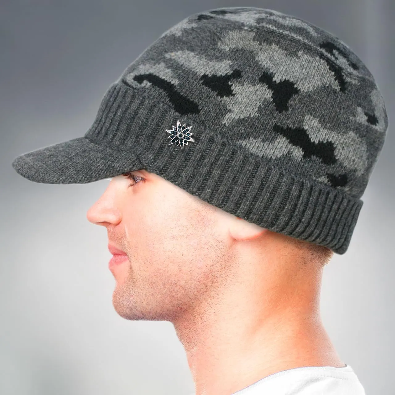 Dahlia Men's Beanie with Visor - Wool, Winter Hat w/Brim, Fleece Lined