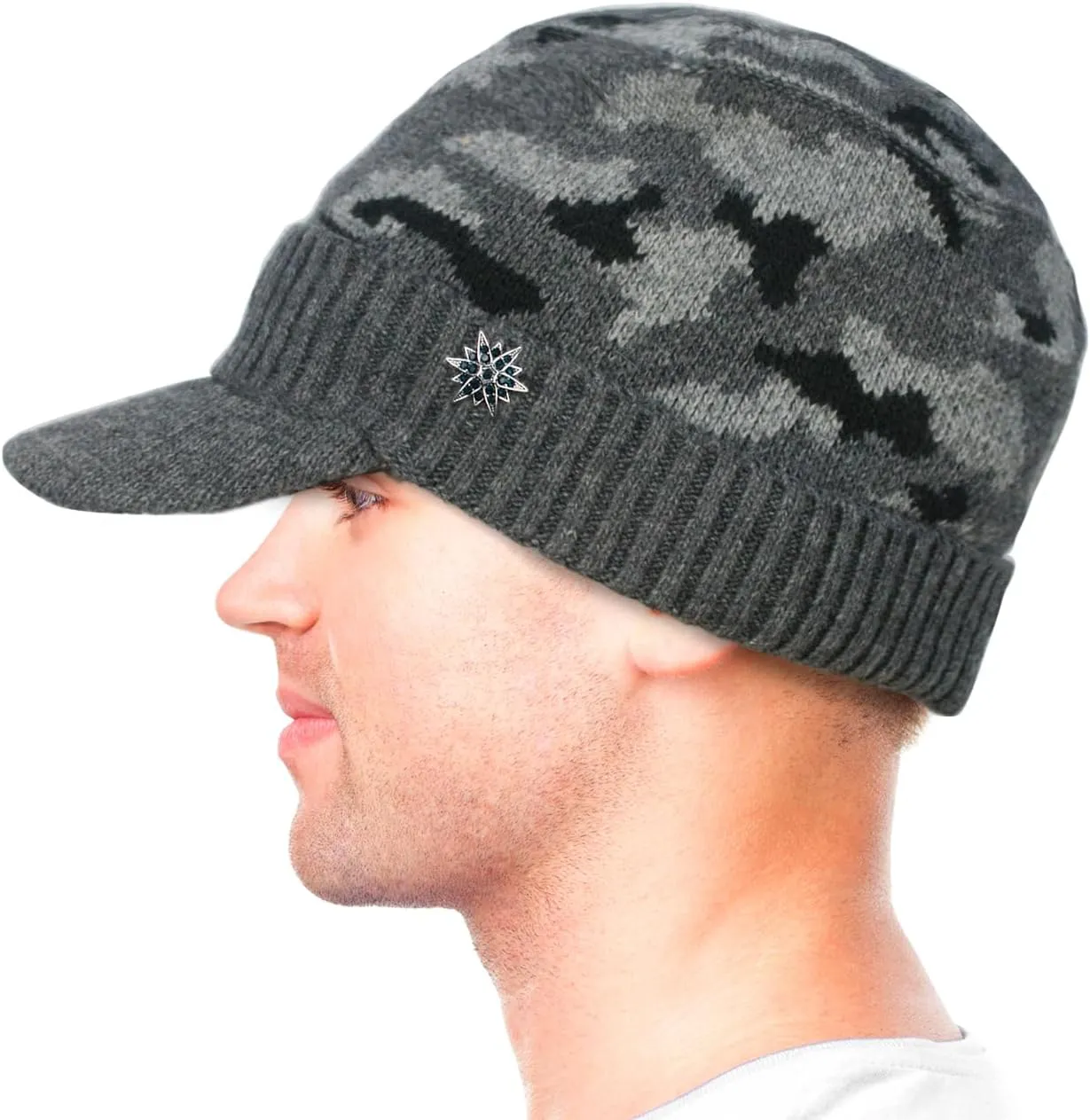 Dahlia Men's Beanie with Visor - Wool, Winter Hat w/Brim, Fleece Lined