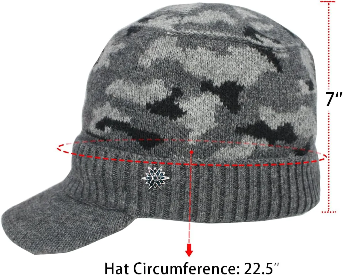 Dahlia Men's Beanie with Visor - Wool, Winter Hat w/Brim, Fleece Lined