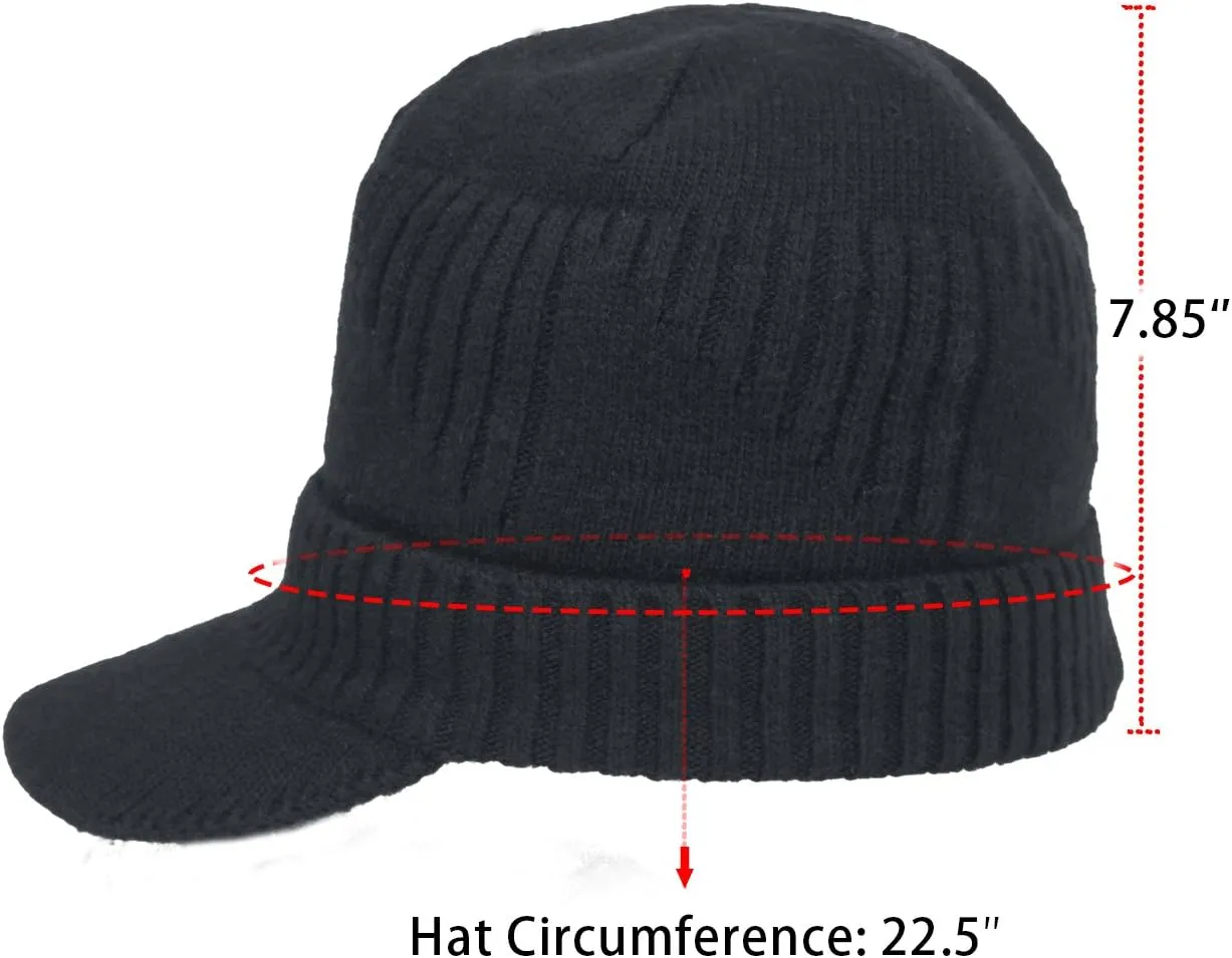 Dahlia Men's Beanie with Visor - Wool, Winter Hat w/Brim, Fleece Lined
