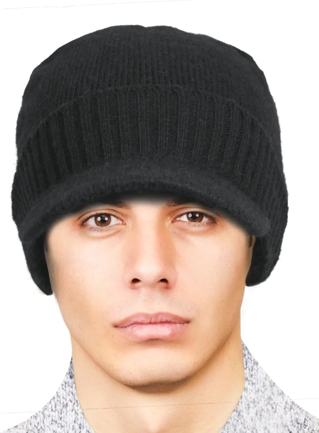 Dahlia Men's Beanie with Visor - Wool, Winter Hat w/Brim, Fleece Lined