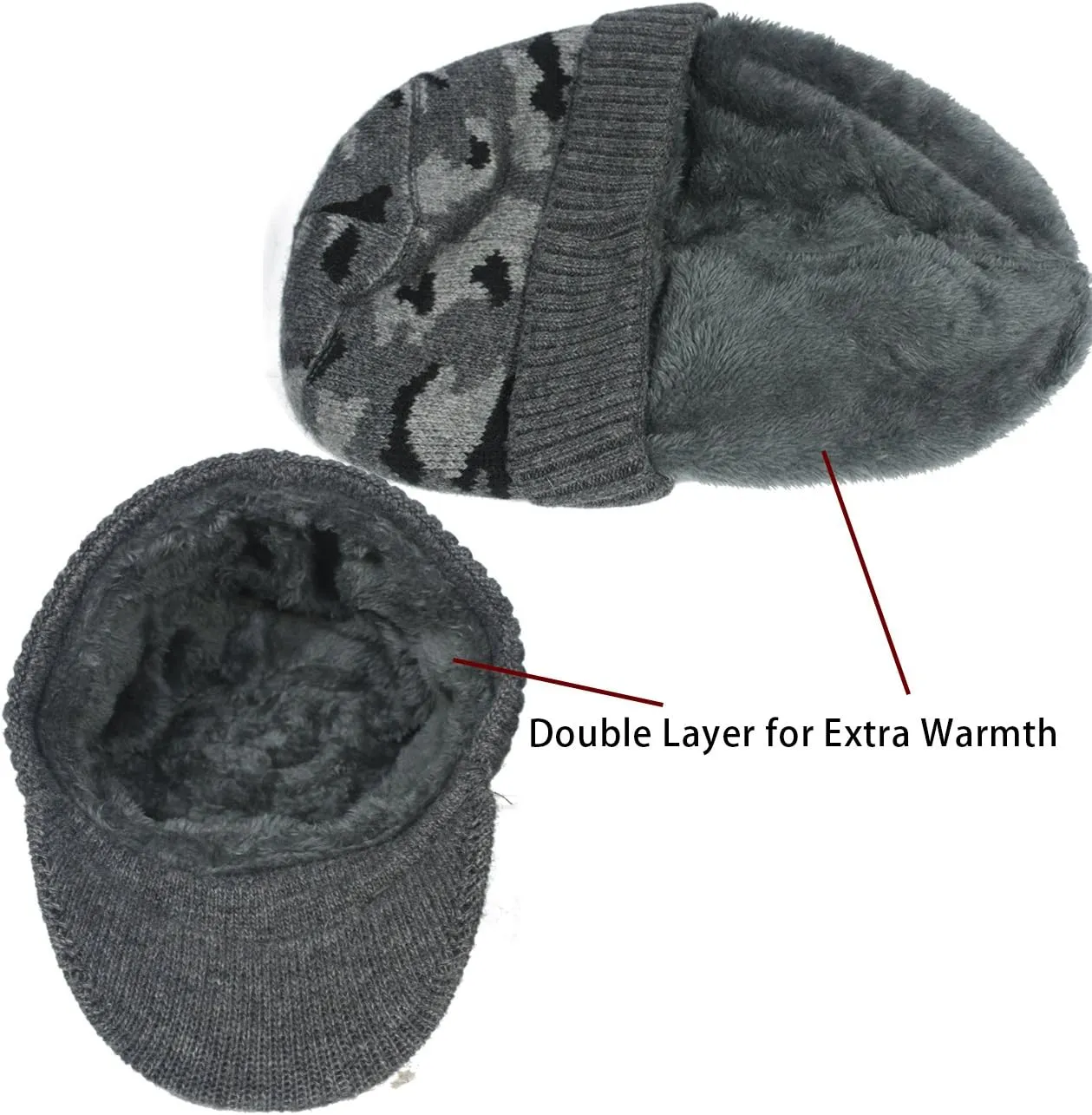 Dahlia Men's Beanie with Visor - Wool, Winter Hat w/Brim, Fleece Lined
