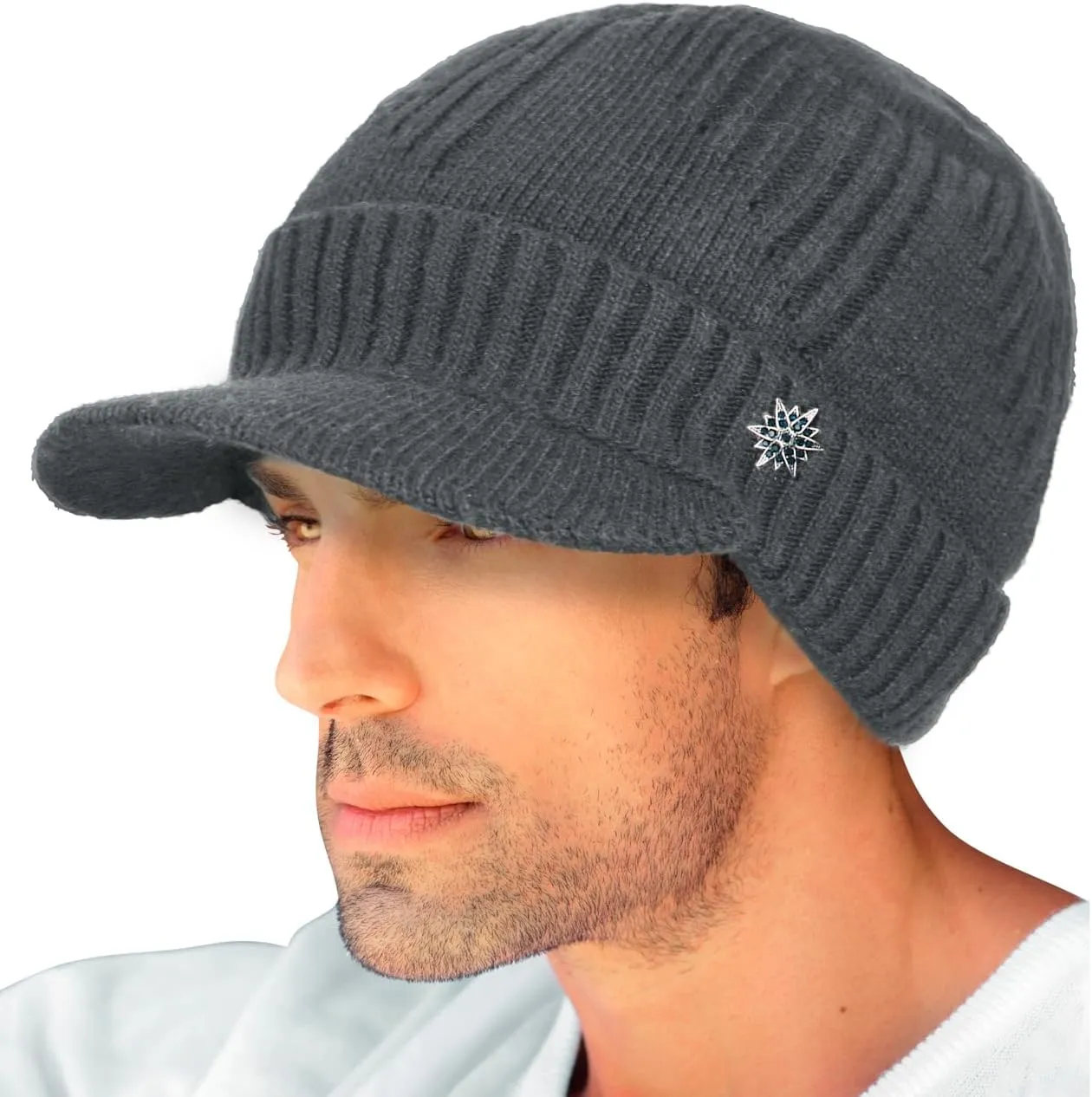 Dahlia Men's Beanie with Visor - Wool, Winter Hat w/Brim, Fleece Lined